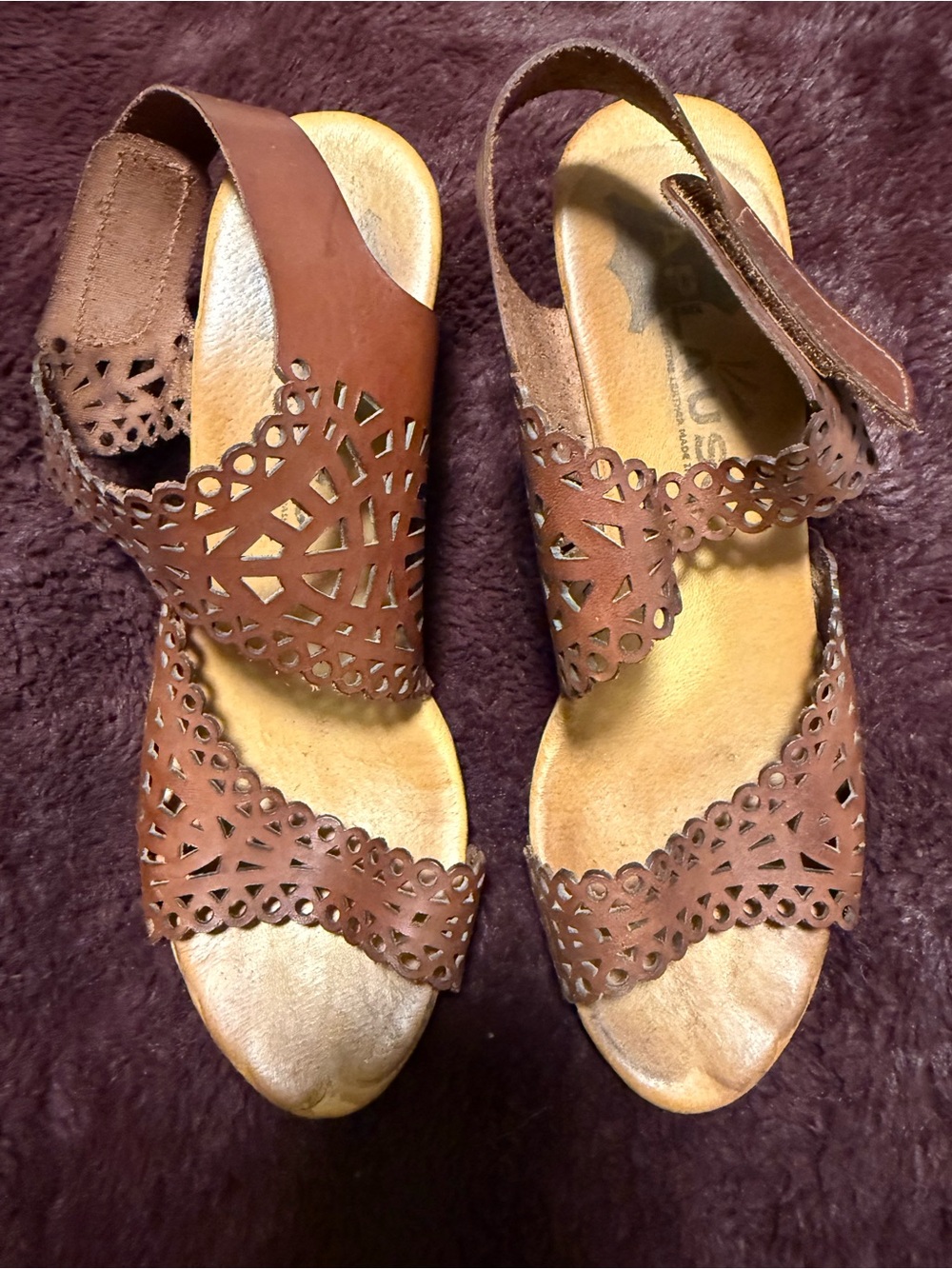 Brown Laser-Cut Leather Wedge Sandals with Ankle Strap